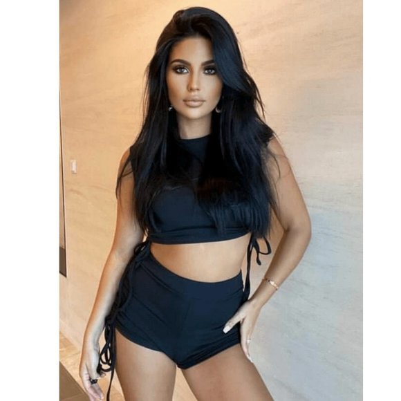 Black Sleeveless Ruched Crop Top and High Waist Shorts Two Piece Set - Picture 6 of 11